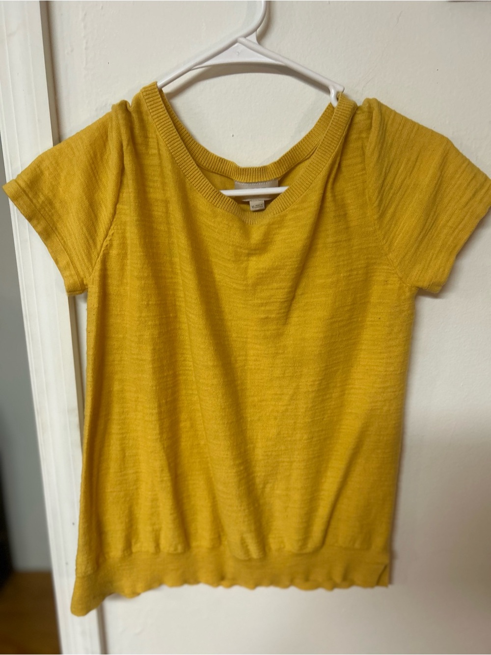 LOFT Mustard Yellow Short Sleeve Knit Small Stain at Hem Top